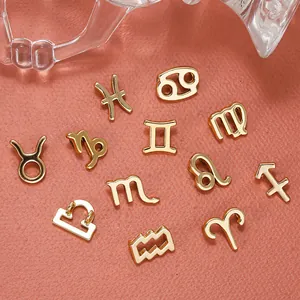 Macro view of twelve golden alloy zodiac charms on a textured red background for jewelry DIY