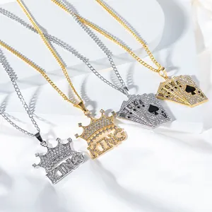 Collana Hip Hop in Lega Con Pendente in Strass Corona King Carte da Poker Royal Flush Gioielli Per Uomo Donna Oro Argento