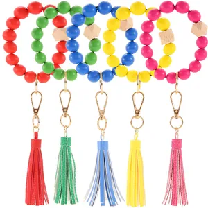 Wood Beaded Bracelet Keychain With PU Leather Tassel Wristlet Anti-Lost Key Ring Holder For Women Girls Fashion Jewelry Gift