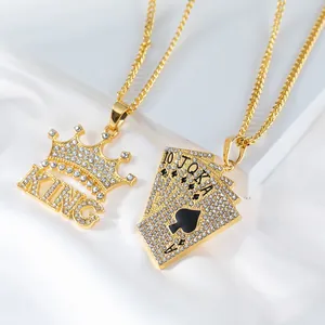 Collane hip hop dorate con pendenti corona king e scala reale con brillanti