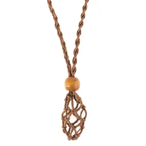 Close-up of brown braided cord necklace with a mesh pouch and natural wood bead detail