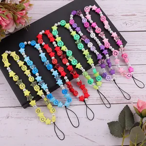 Fashion Colorful Beaded Phone Lanyard Resin Star Smiley Face Beads Anti-lost Wrist Strap Hand-woven Phone Chain Decor