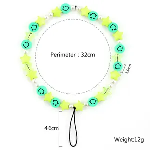 Colorful smile and star beaded phone charm strap with measurements on white background