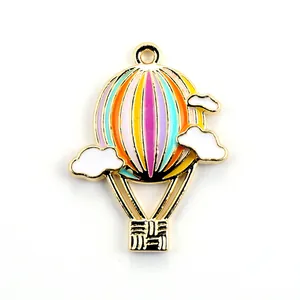 Colorful striped hot air balloon enamel pendant with white clouds and gold metal plating