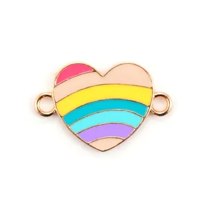 Regenboog emaille hart bedeltje met dubbele lussen in roségoud voor doe-het-zelf sieraden