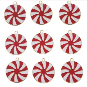Nine red and white spiral enamel pendants with golden edges for DIY jewelry making