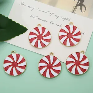 Red White Swirl Round Pendant Alloy Enamel Peppermint Candy Style DIY Jewelry Keychain Accessory For Christmas Gift