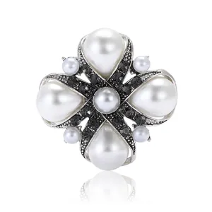 Baroque silver cross brooch with white drop pearls and black rhinestones for blazers
