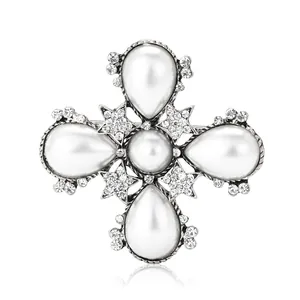 Baroque pearl cross brooch with vintage silver metal and sparkling rhinestones
