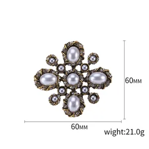 Vintage cross flower brooch with faux pearls and crystals, 60mm antique gold jewelry