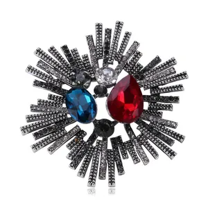 Vintage Starburst Alloy Brooch Pin Red Blue Gemstone Rhinestone Inlaid Fashion Apparel Jewelry For Women Gift