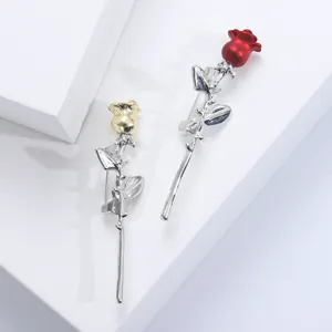 Elegant Alloy Rose Flower Brooch Pin For Women Fashion Red Gold Enamel Plant Floral Corsage Clothing Accessories Jewelry