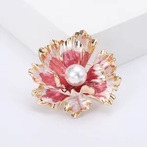 Exquisite peony flower brooch with red enamel petals and a central round pearl