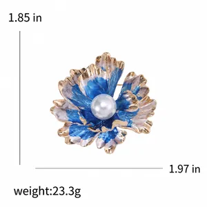 Exquisite peony flower brooch with blue enamel and pearl in 4.7cm x 5.0cm size
