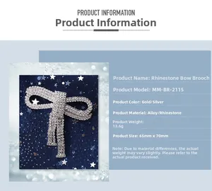 Detail view of bowknot rhinestone tassel brooch with size specs 65mm x 70mm and alloy material