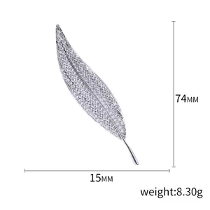 Silver leaf brooch with cubic zirconia micro-pave setting for suits and coats