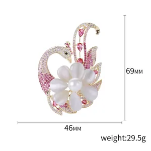Spilla elegante cigno fenice con pietre occhio di gatto e perle, 69mm x 46mm