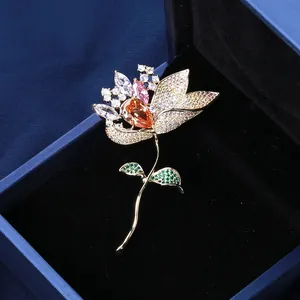 Elegant Lotus Flower Brooch Pin Women Copper Real Gold Plated Gradient Cubic Zirconia Floral Corsage Wedding Jewelry