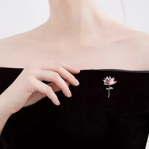 Elegant gradient zircon lotus flower brooch with red petals on black velvet fabric