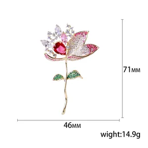 Elegant gold lotus brooch with pink zircon crystals, 71mm height flower lapel pin
