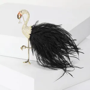 Detail der Flamingobrosche mit Goldfinish, funkelndem Zirkon und schwarzem Federende
