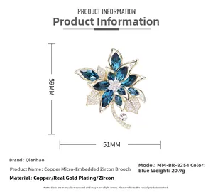 Macro detail of copper flower brooch with blue marquise crystals and gold plating