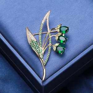Elegant Gold Plated Copper Micro Pave Zircon Lily Of The Valley Brooch Flower Pin Anti Exposure Jewelry For Women Jacket