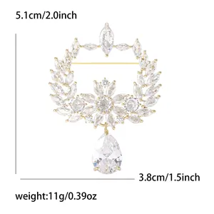 Elegant olive branch zircon brooch with pear-shaped crystal pendant for suit coats