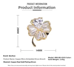 Detailed view of lucky clover brooch with dimensions 20x14mm and premium cubic zirconia
