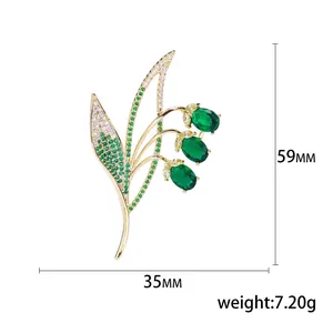 Elegant zircon lily of the valley brooch in green and gold with size dimensions