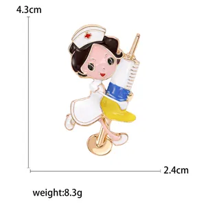 Cartoon nurse alloy brooch pin with syringe design and size markings in 4.3cm height