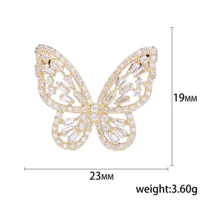 Broche papillon dorée avec zircons brillants, dimensions 23mm de large et 19mm de haut