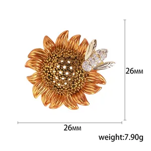 Broche de girasol y abeja dorada con circonitas y esmalte naranja, tamaño de 26mm total
