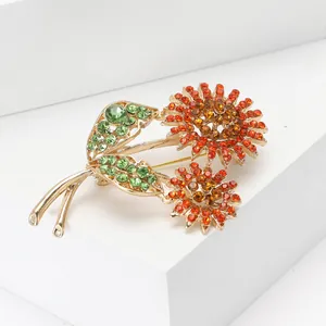 Broche tournesol élégante en alliage doré avec strass colorés pour manteau et costume
