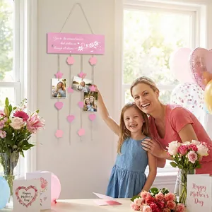 Pink wooden Mother's Day photo display wall hanging with star and heart clips