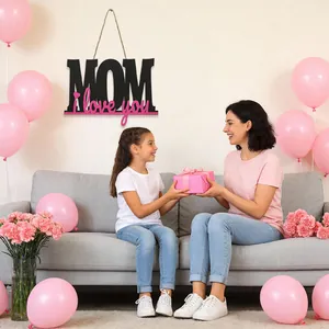Targa in legno per la festa della mamma con testo MOM I love you e fiocco rosa