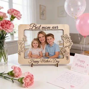 Detail of wooden Mother's Day photo frame with Best Mom Ever laser engraving and floral art