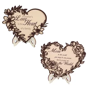 Creative heart-shaped wooden mother's day plaques with floral laser-cut edges and stands