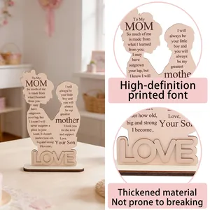 Wooden Mother's Day plaque with mother-child silhouette and 3D LOVE base