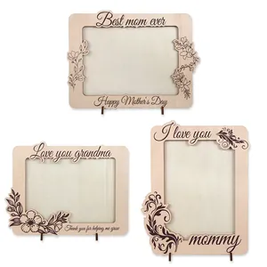 Detail of wooden Mother's Day photo frames with floral engraving and heartfelt messages