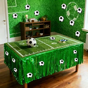 Soccer Theme Party Decoration Green Tinsel Foil Table Skirt With Soccer Stickers Metallic Fringe For Birthday Sports Event Celebration
