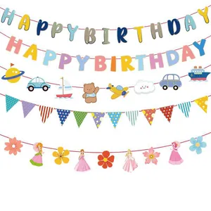 Detail view of Happy Birthday banner set with animal, vehicle, and floral party garlands