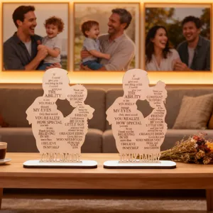 Close-up of laser-cut wooden Father's Day plaque with silhouette and heartfelt text