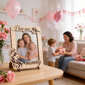 Detailed view of wood Mother's Day frame with floral carving and I love you Mommy text