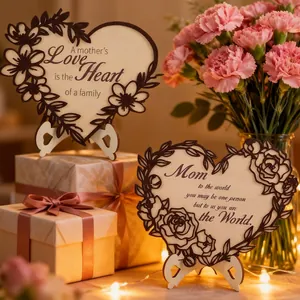Mother's Day Gift Wooden Heart Ornament Laser Cut Decorative Sign With Stand For Home Desktop Table Decor Mom Birthday