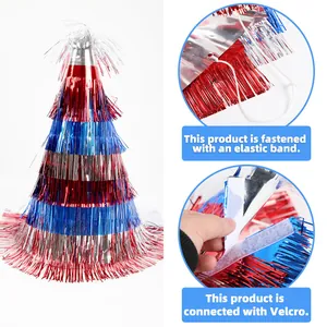 Chapeau de fête pour l'Indépendance avec franges métalliques rouge bleu argent et élastique