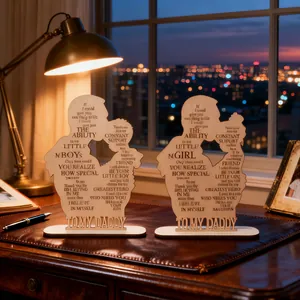 Father's Day Wooden Desk Ornament Silhouette Dad Child Laser Cut Heart Plaque Home Decoration Birthday Gift For Dad Daddy