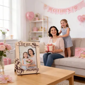 Detail of laser-cut wooden Mother's Day photo frame with I Love You Mommy engraving