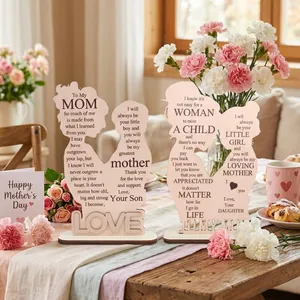 Wooden Mother's Day Desktop Ornament Silhouette Hollow Out Tabletop Decor With English Blessings Mom Birthday Gift