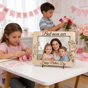 Detail of wooden Mother's Day photo frame with laser engraved flowers and heart banner
